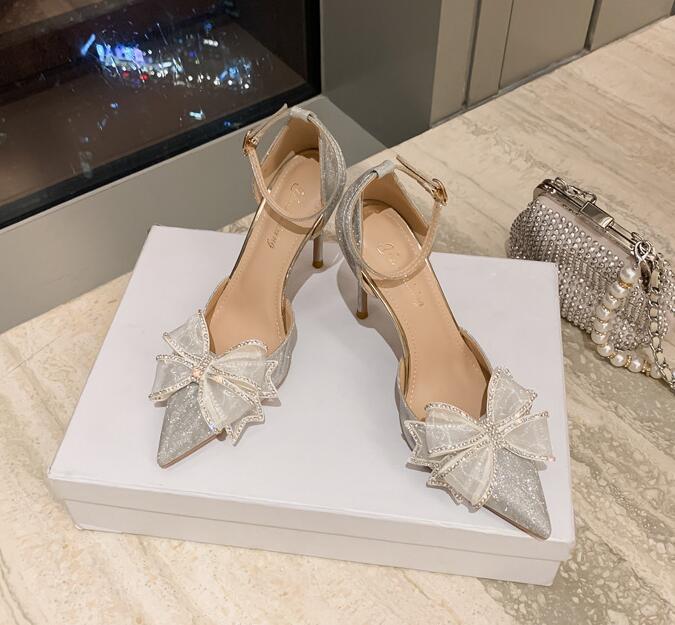 Ladies Dress Shoes Designer Heels Woman Wedding Party High Heels Shiny Rhinestone Double Bow Sandals ZJ03