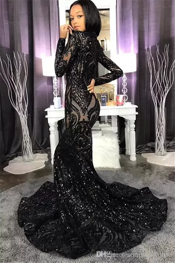 Sequins Sparkg Black Mermaid Prom Dresses High Neck Illusion Long Sleeves Sweep Train Formal Party Evening Gowns Dress BC