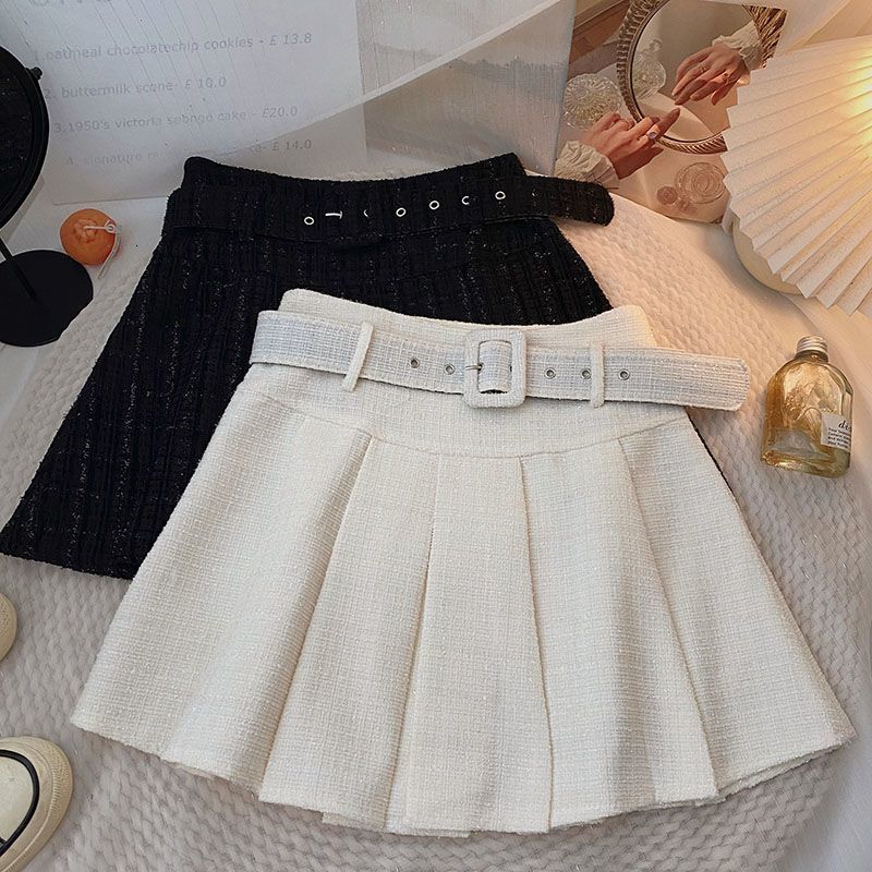 Skirts Ashgaily Tweed Pleated Skirt High Waist Mini Skirts Women Retro Skirts with Belt Autum Arrivals Skirt Style 230518