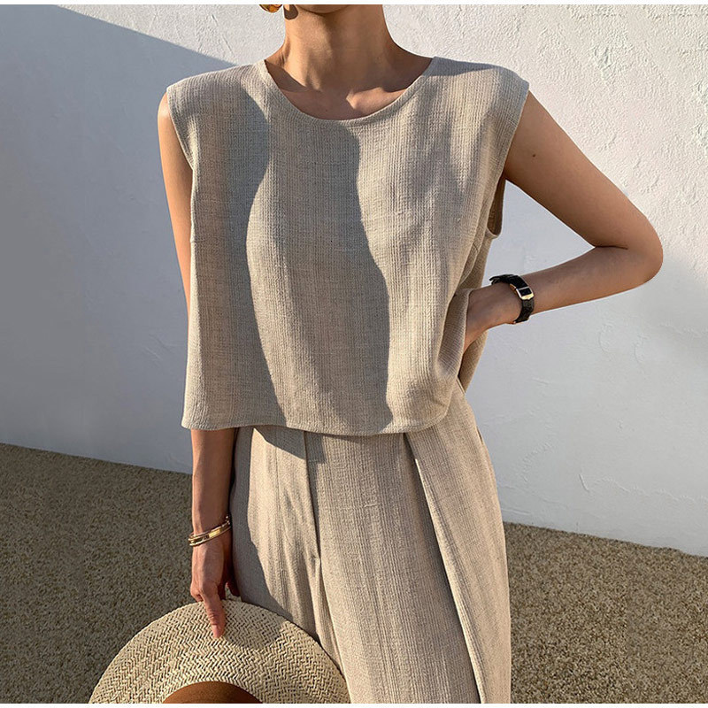 Women's Two Piece Pants Women Cotton Linen Suits Summer Sleeveless O-Neck Tank Top Wide Leg Pants Two Piece Sets Female Fashion Casual Solid Loos