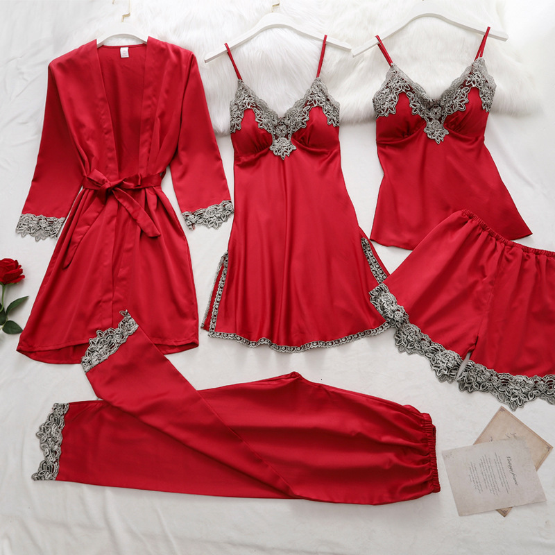 Women's Sleepwear Women Pajamas Sets Satin Sleepwear Silk 5 Pieces Nightwear Pyjama Spaghetti Strap Lace Sleep Lounge Pijama With Chest Pads 2305