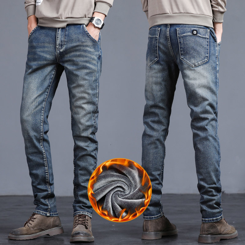Men's Jeans Winter Fleece Warm Men's Jeans Vintage Blue Cotton Classic Slim Skinny Fashion Streetwear Thick Fluff Denim Trousers Male 27-38 