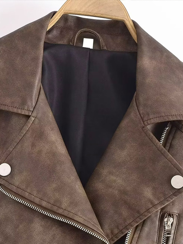 Women s Jackets Mantel Jaket Sabuk Kerah Kulit PU Wanita 2023 Saku Ritsleting Lengan Panjang Pendek Motor Fashion 230517