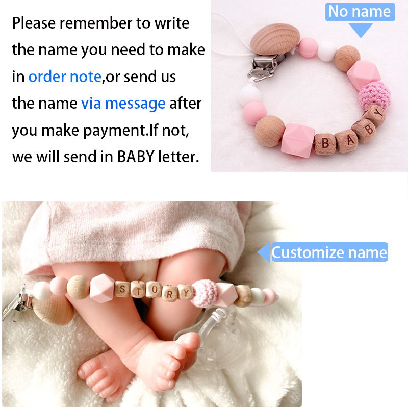 Pacifier Holders Clips# Handmade Free Personalized Name Silicone Wood Pacifier Clips Safe Teething Chain Baby Teether Eco-friendly Dummy Clips Holder 