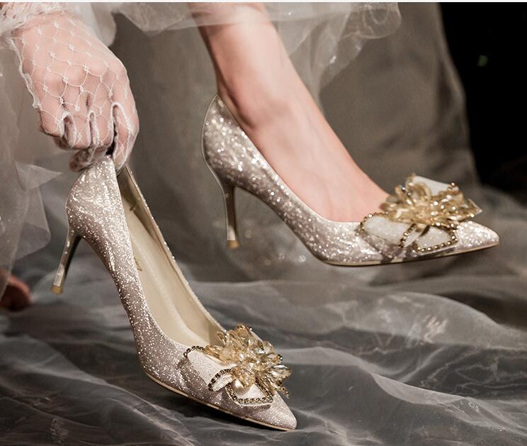 Ladies Dress Shoes Designer Heels Woman Wedding Party High Heels Shiny Rhinestone Double Bow Sandals ZJ01
