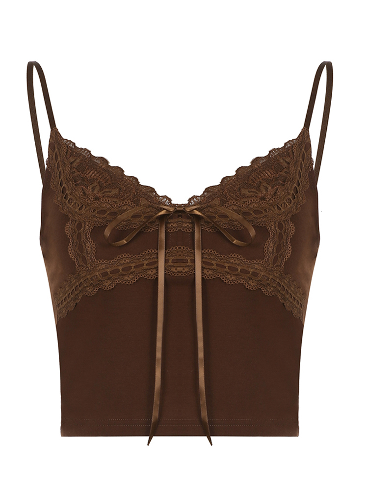 Camisoles Tanks HEYounGIRL Lace Patchwork Brown Vintage Tank Top For Women Summer Y2K Aesthetic V-Neck Fashion Camisole Retro Elegant Crop Tops 230518