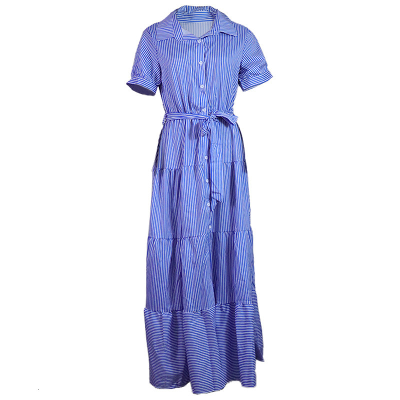Basic Casual Dresses CM.YAYA Women Long Dress Striped Short Sleeve Turn-down Collar Single Breasted Bandage Sashes A-line Maxi Dresses Summer Outfits  - view 6