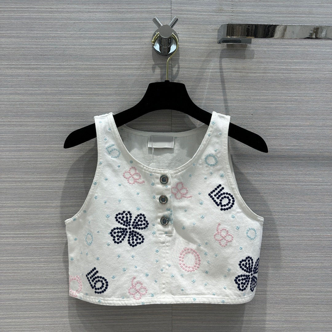 2023 Women Summer Denim Single Breasted Sleeveless Tank Top O-neck Flower Pattern Fashion Lady Elegant Crop Tops, White
2023 Women Summer Denim Single Breasted Sleeveless Tank Top O-neck Flower Pattern Fashion Lady Elegant Crop Tops, White