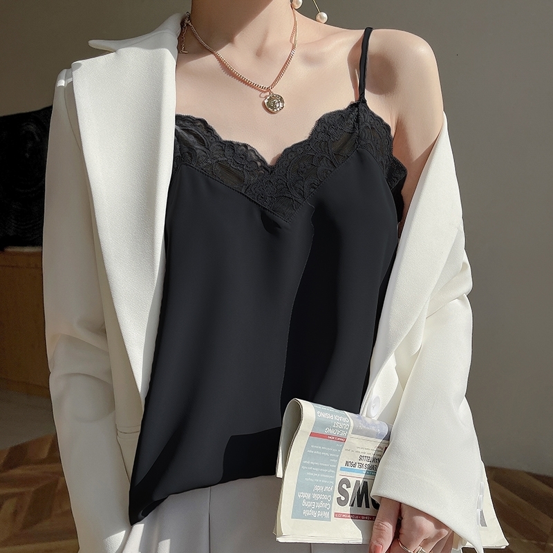 Camisoles Tanks Women's Satin Lace V Neck Camisole Top Lady Office Wear Basic Camis Sexy Sleeveless Solid Color Tank Top 230518