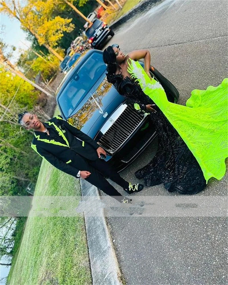 New Black With Green Sequins Mermaid Prom Dresses 2023 For Black Girl One Shoulder Ruffles Formal Party Gowns Robes De Soiree