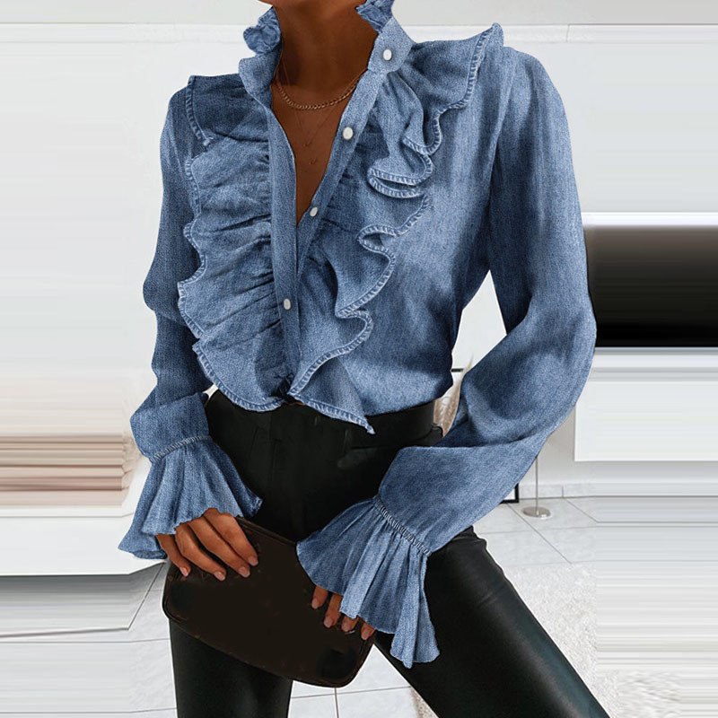 Women's Blouses Shirts Blouse Fashion Elegant VNeck Ruffle Solid Color Female Casual Long Sleeves Office Lady 230517
