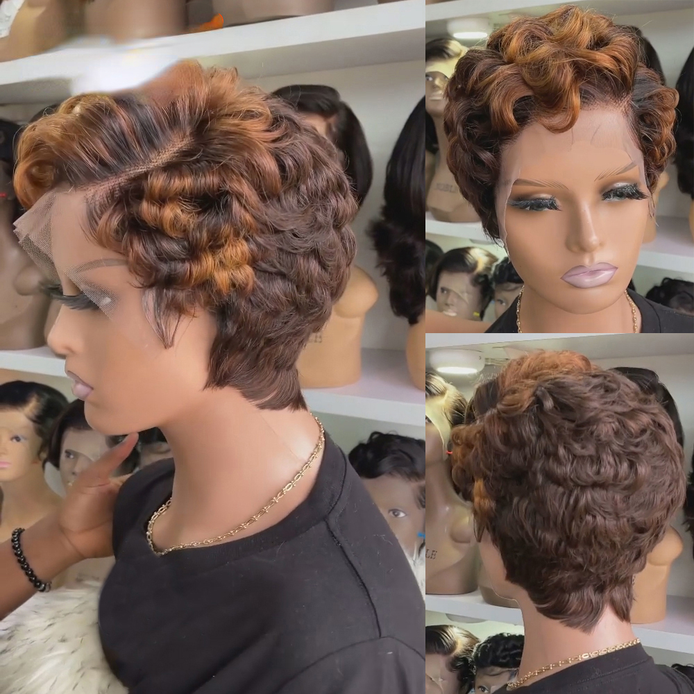 Free shipping Highlight Colored Short Pixie Cut Bob Body Wave Human Transparent 13X4 Lace Frontal Wigs For Black Woman Brazilian Hair Brown Wig 180%