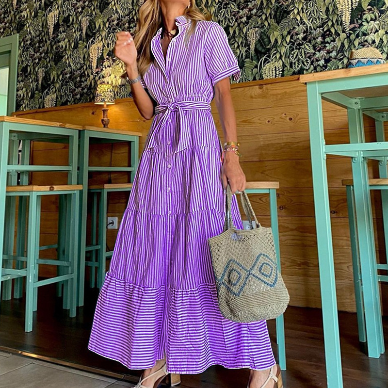 Basic Casual Dresses CM.YAYA Women Long Dress Striped Short Sleeve Turn-down Collar Single Breasted Bandage Sashes A-line Maxi Dresses Summer Outfits  - view 5