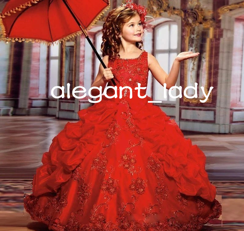 Sweet Red Ruffles Pageant Dress for Kids Lace Appliques little Princess infant Flower Girl Dresses for Wedding Party