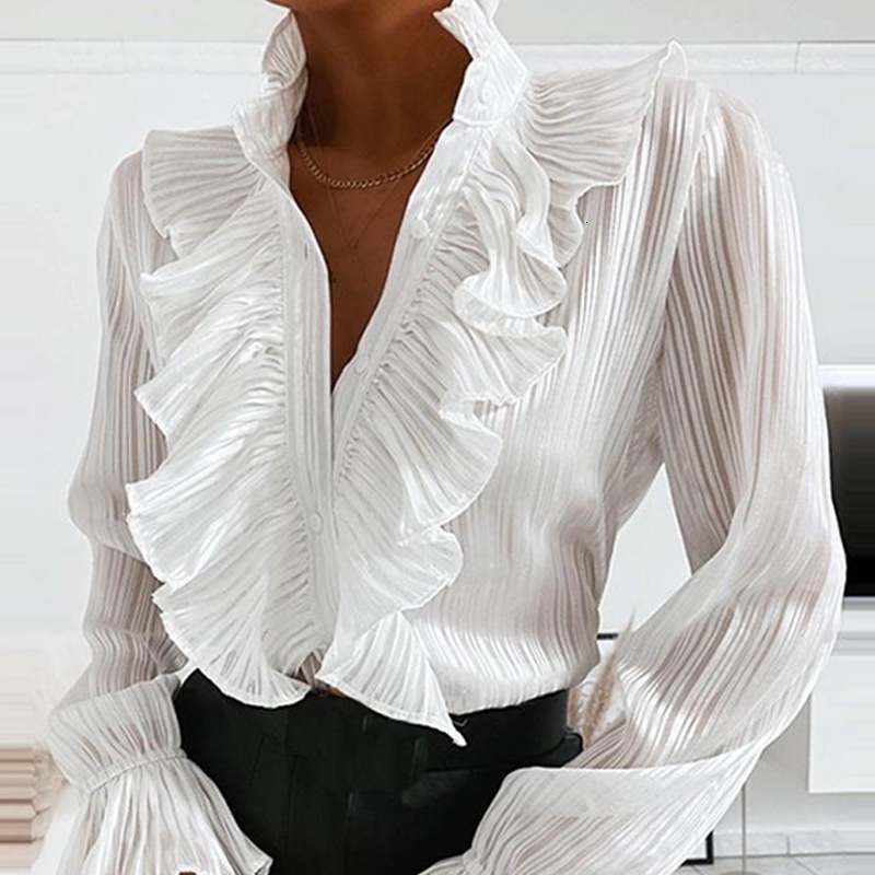 Women's Blouses Shirts Blouse Fashion Elegant VNeck Ruffle Solid Color Female Casual Long Sleeves Office Lady 230517