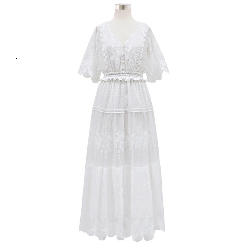 Basic Casual Dresses Hollow Out White Dress Sexy Women Long Lace Dress Cross Semi-Sheer Plunge V-Neck Short Sleeve Lace Maxi Dress Simple Solid 230518