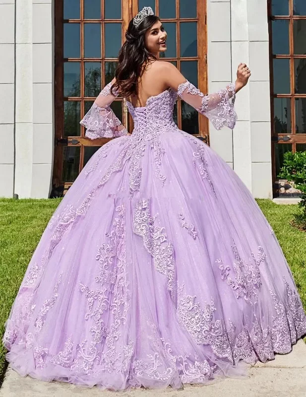 NEW Lavender Lace Beaded Ball Gown Quinceanera Dresses Sweetheart Neck Tulle Appliqued Prom Gowns With Wrap Sweep Train Sweety 15