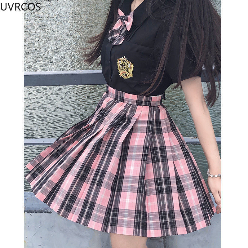 Skirts Japanese Preppy Style Sweet Plaid Skirts Women Gothic Pink Black High Waist Pleated Mini Skirt Kawaii Girls JK Uniform Harajuku 230518