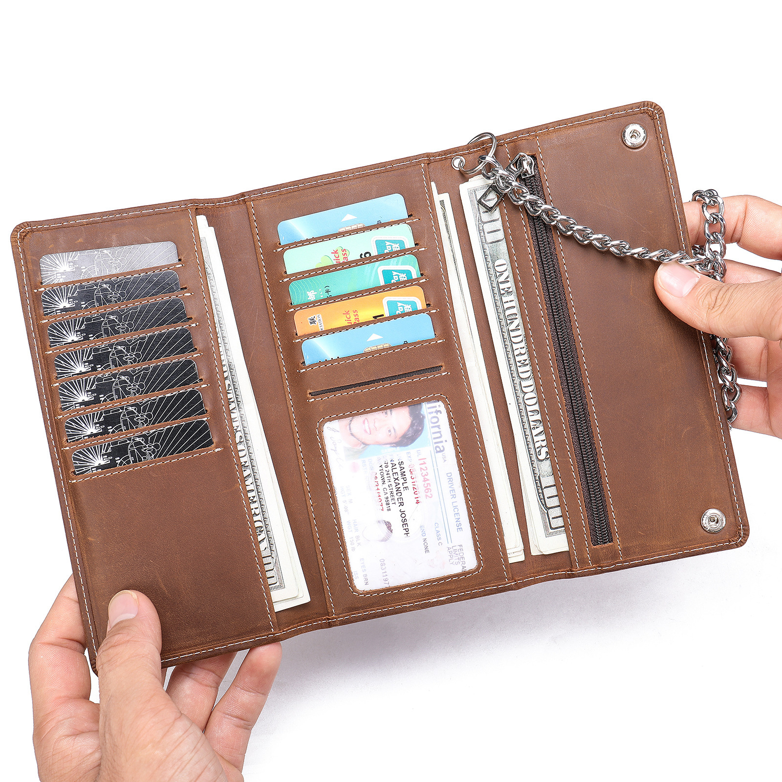 Wallet Leather Mens Fashion Real Biker Card/Money Long Purse W/ Key Chain