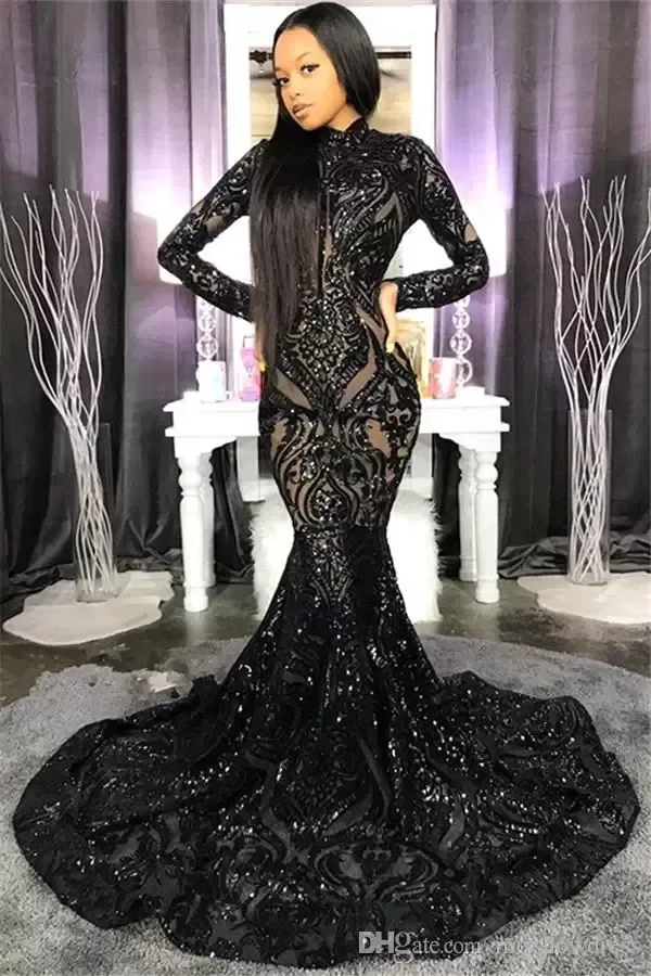 Sequins Sparkg Black Mermaid Prom Dresses High Neck Illusion Long Sleeves Sweep Train Formal Party Evening Gowns Dress BC
