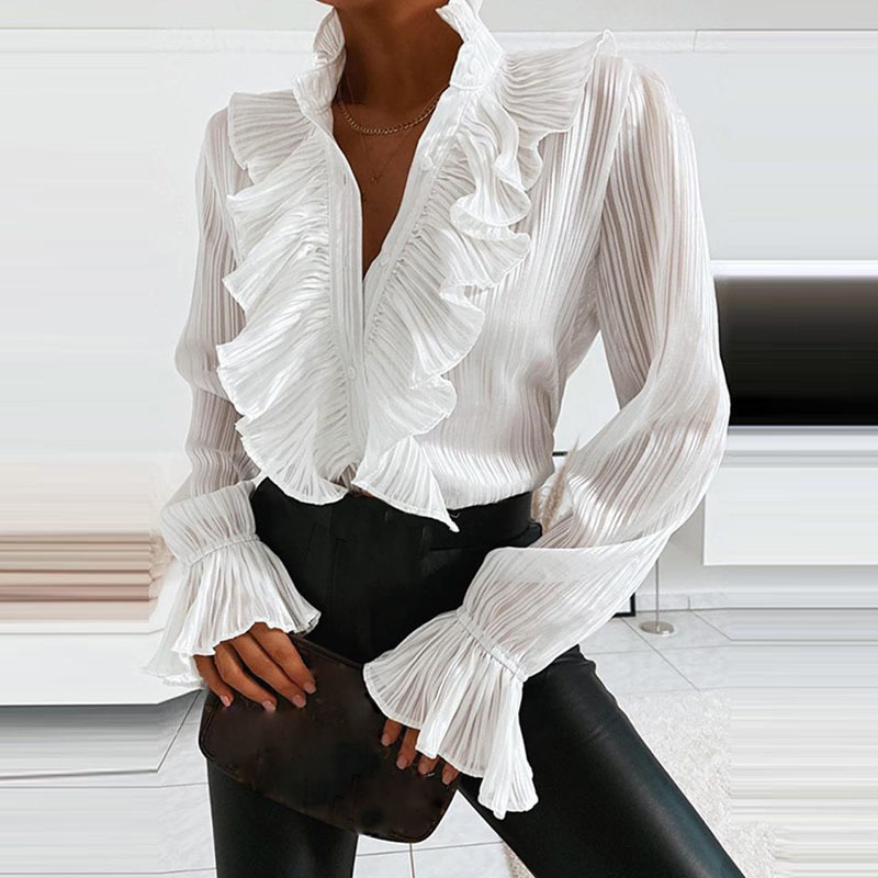 Women's Blouses Shirts Blouse Fashion Elegant VNeck Ruffle Solid Color Female Casual Long Sleeves Office Lady 230517