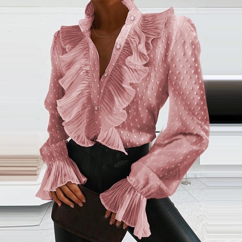 Women's Blouses Shirts Blouse Fashion Elegant VNeck Ruffle Solid Color Female Casual Long Sleeves Office Lady 230517