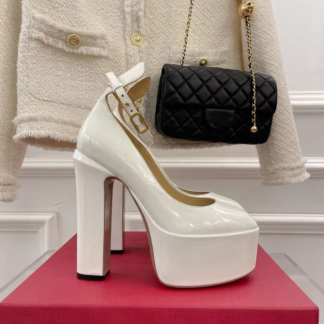 Tan-Go platform pumps shoes Ivory patent leather high-heeled ankle strap chunky heels block Heel 155mm round toe dress shoe Women Luxury Designers factory footwear, White
Tan-Go platform pumps shoes Ivory patent leather high-heeled ankle strap chunky heels block Heel 155mm round toe dress shoe Women Luxury Designers factory footwear, White