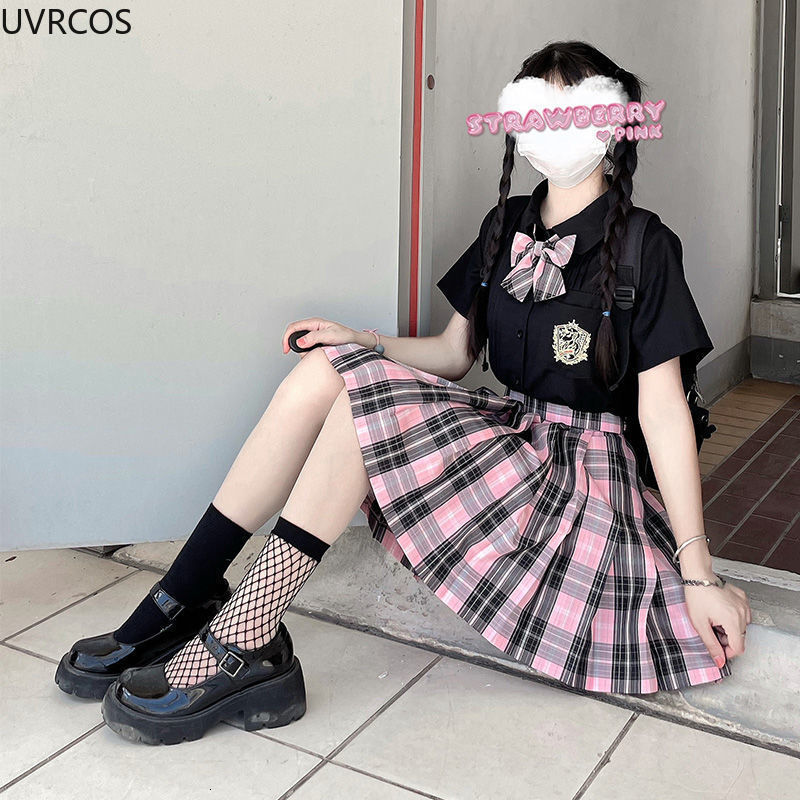 Skirts Japanese Preppy Style Sweet Plaid Skirts Women Gothic Pink Black High Waist Pleated Mini Skirt Kawaii Girls JK Uniform Harajuku 230518