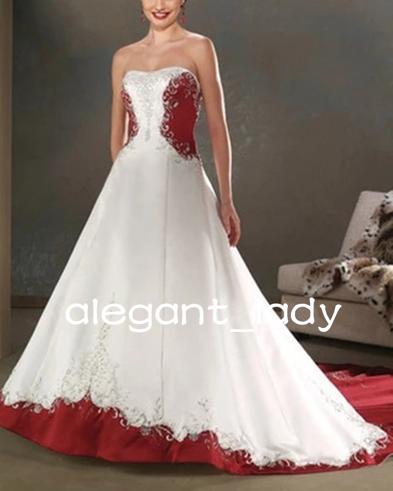 Vintage White and Red Satin Embroidery Wedding Dresses 2023 Plus Size Strapless Lace-up Corset Western Country Bridal Gown
