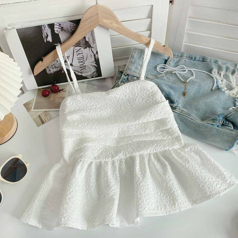 Camisoles Tanks Summer Camisole Ruffles Crop Top Backless Woman Vest Basic Cami Sleeveless Folds Tank Women Spaghetti Strap Clothes Drop 230518