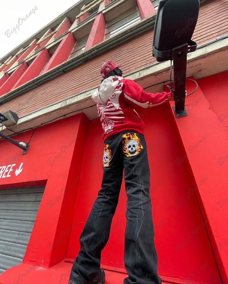 Men's Jeans High Street Harajuku trendy skull embroidered jeans teenage couple trend versatile black trousers y2k for men 230517