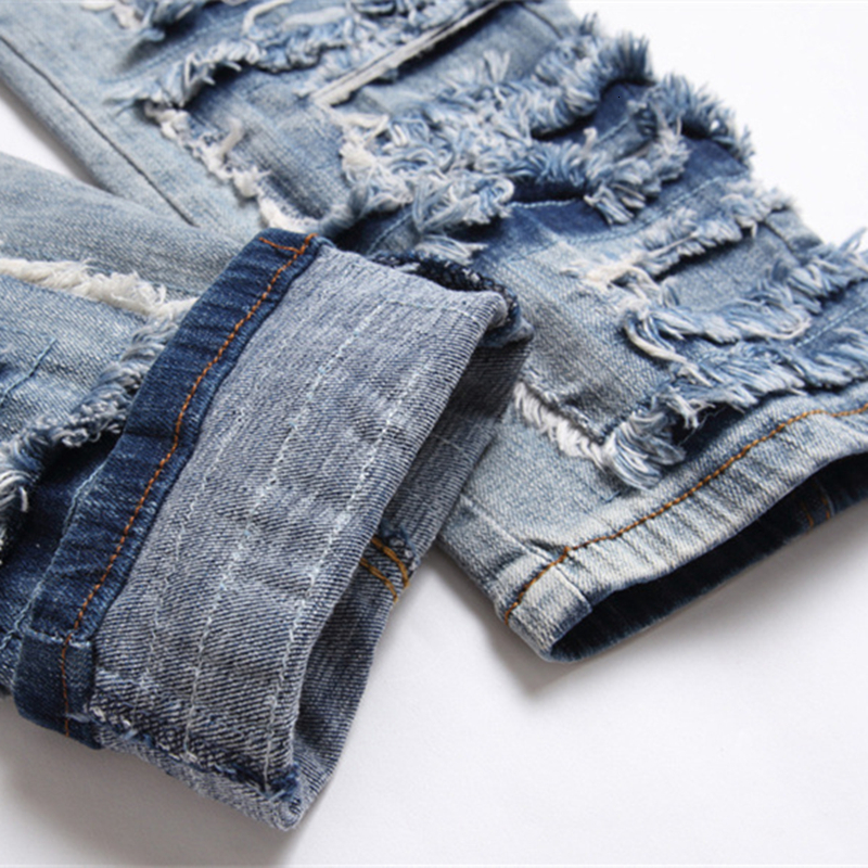 Men's Jeans Punk Trend Blue Hole Slim Seans Autumn Stickers Fashion Biker Pencil Pants MidWaists Casual Men Clothing 230517