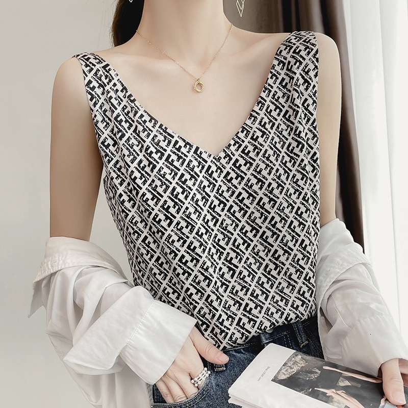 Camisoles Tanks Summer V-Neck Beauty Back Printed Silk Camisole Women's Bottoming Camisole Outer Tower OL Suit Knitted Satin Sexy Tops 230518