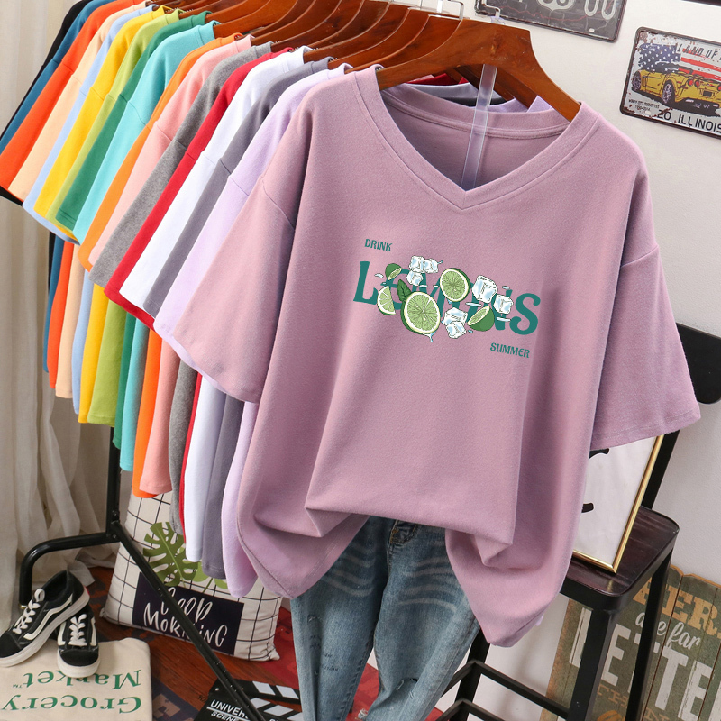 Women's Plus Size TShirt 100 Cotton Shirt L6XL shirt Short Sleeve op Summer Girls Print Cute V Neck Oversized Shirts 230517