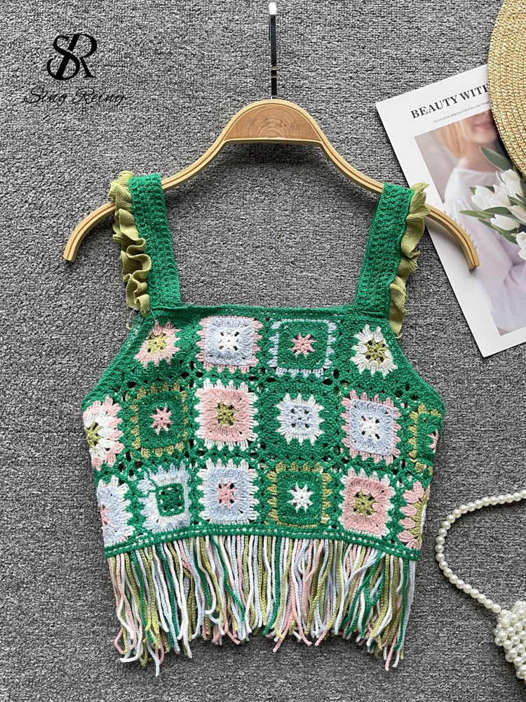 Camisoles Tanks SINGREINY Tassel Knitted Beach Camisole Summer Holiday Strap Loose Chic Camis Fashion Hollow Out Backless Floral Tank Tops 230518