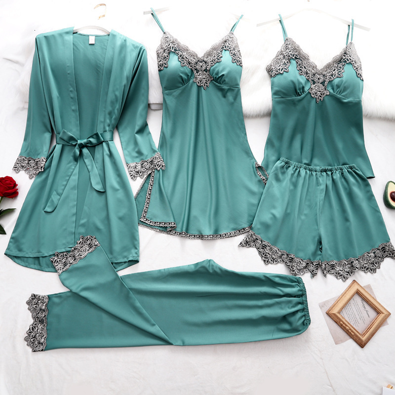 Women's Sleepwear Women Pajamas Sets Satin Sleepwear Silk 5 Pieces Nightwear Pyjama Spaghetti Strap Lace Sleep Lounge Pijama With Chest Pads 2305