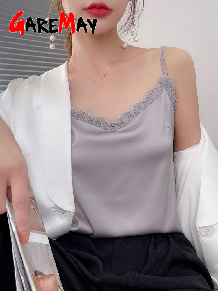 Camisoles Tanks Summer Satin Silk Women's Tank Tops Lace Sleeveless Camisole Halter Beautiful V Neck Green Basic Spaghetti Strap Top 230518