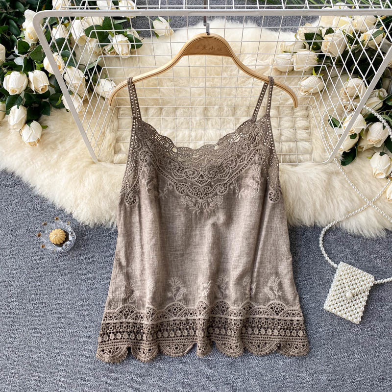 Camisoles Tanks Croysier Tops Women Boho Clothing Vintage Embroidery Lace Trim Cami Top V Neck Sleeveless Spaghetti Strap Summer Camisole 230518