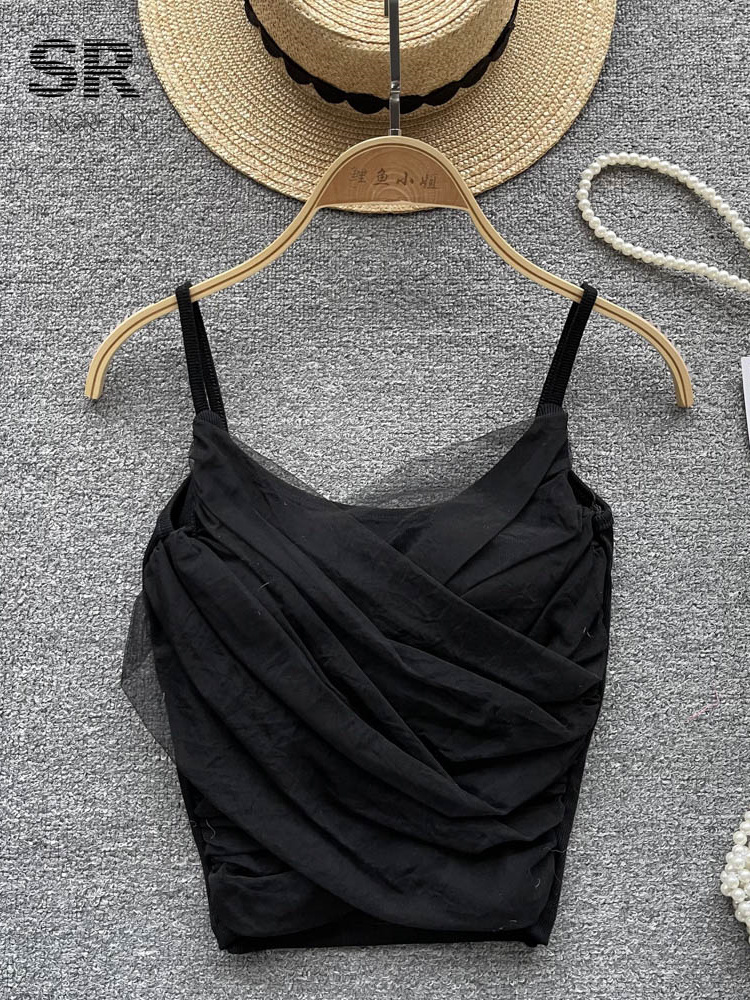 Camisoles Tanks SINGREINY Ruched Mesh Camisole Underwear Autumn Strap Summer Outwear French Style Lady Slim Backless Sexy Fashion Tank Tops 230518
