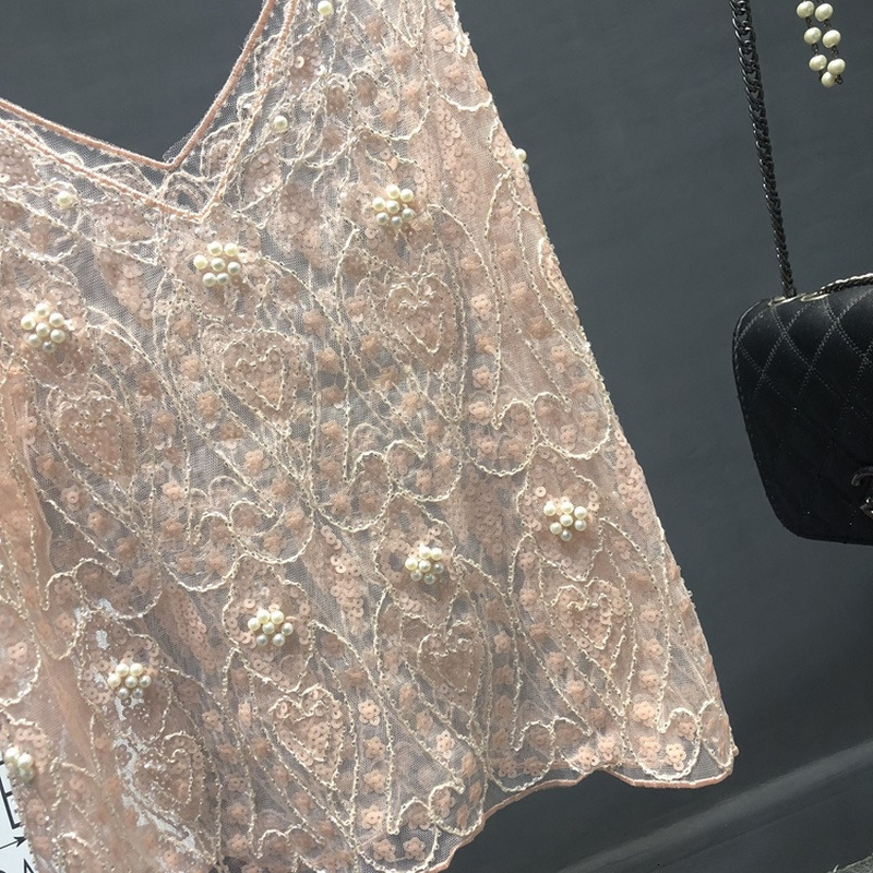 Camisoles Tanks Net Red Niche Sexy Sequined Camisole Outside Wearing Hollow Mesh Beaded Bottoming Shirt Women Sexy Women Clothing 230518