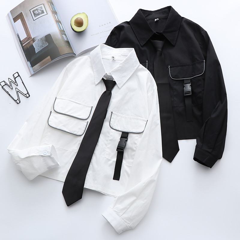 Women's Blouses Shirts Autumn Women JK uniform Japanese Tie Long Sleeve Loose Short Shirt College Casual Street Pocket White Top Student Blouse 2