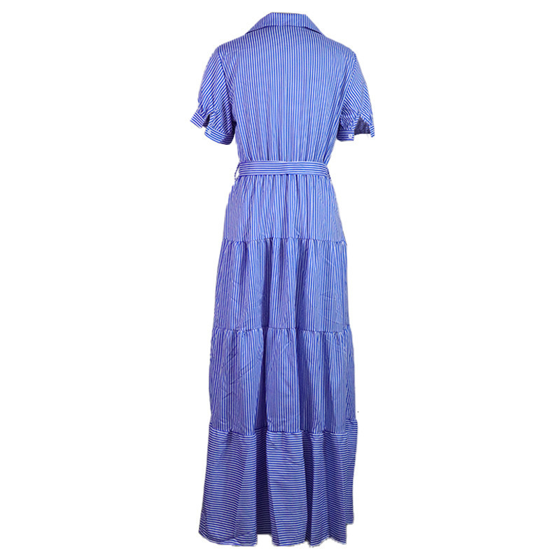 Basic Casual Dresses CM.YAYA Women Long Dress Striped Short Sleeve Turn-down Collar Single Breasted Bandage Sashes A-line Maxi Dresses Summer Outfits  - view 7