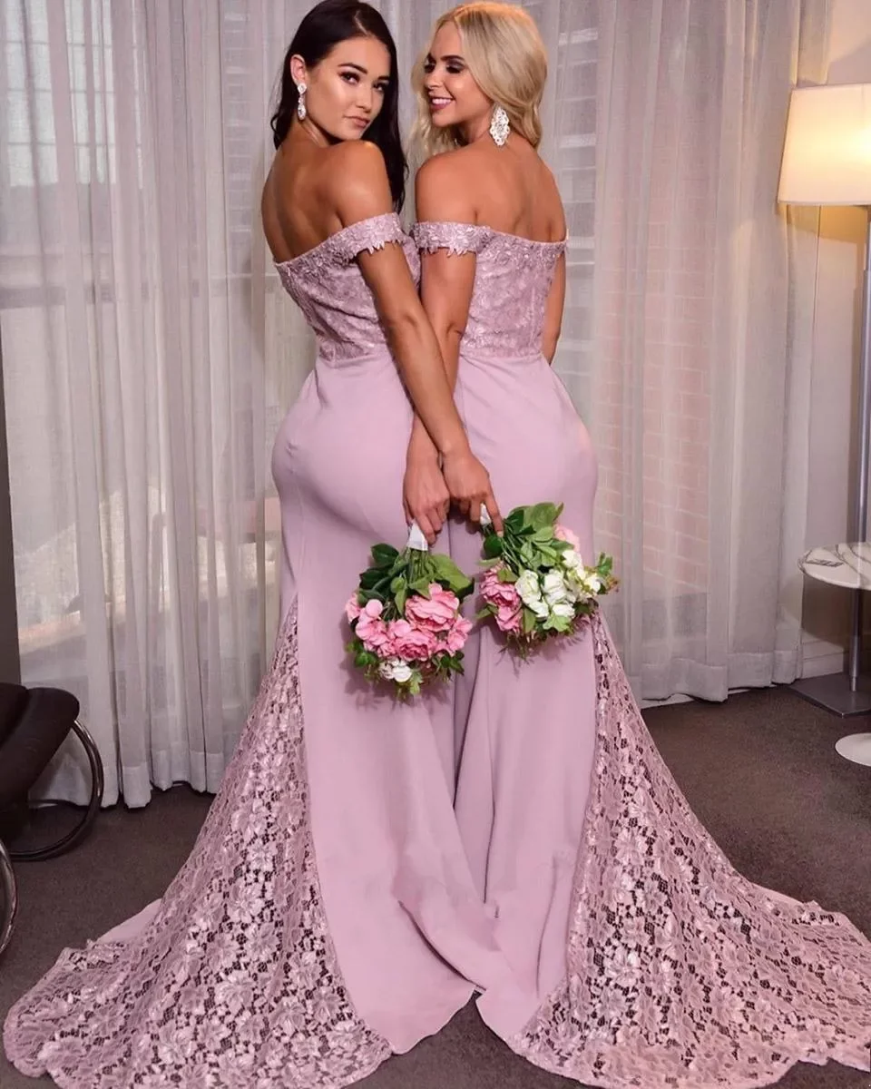 Blush Pink Vintage Afican Bridesmaid Dresses Off Shoulder Stretch Lace Satin Mermaid Long Floor Length Plus Size Wedding Guest Maid Of Honor Gowns Dre