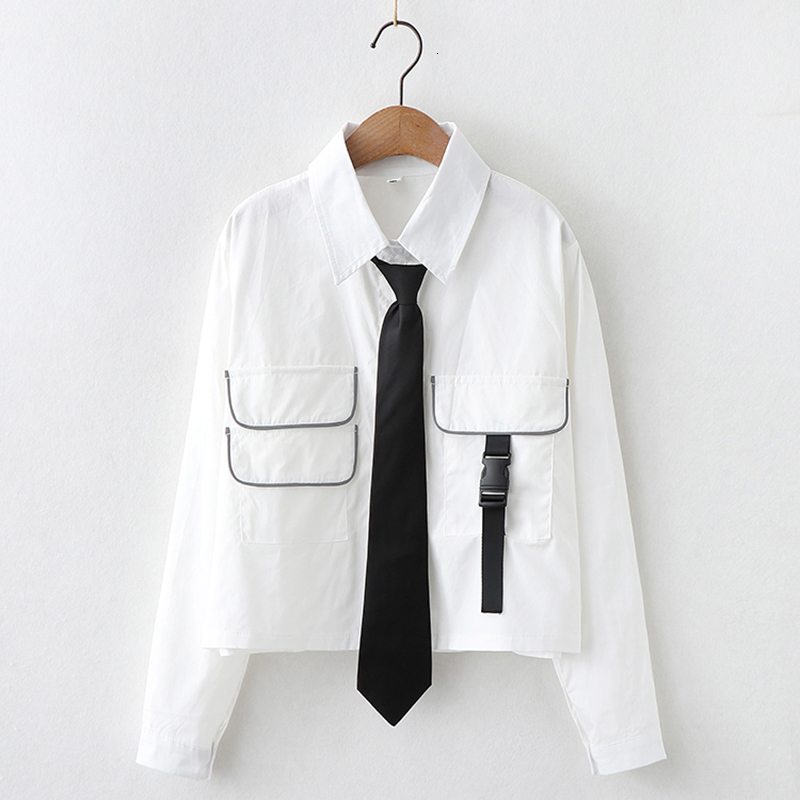 Women's Blouses Shirts Autumn Women JK uniform Japanese Tie Long Sleeve Loose Short Shirt College Casual Street Pocket White Top Student Blouse 2
