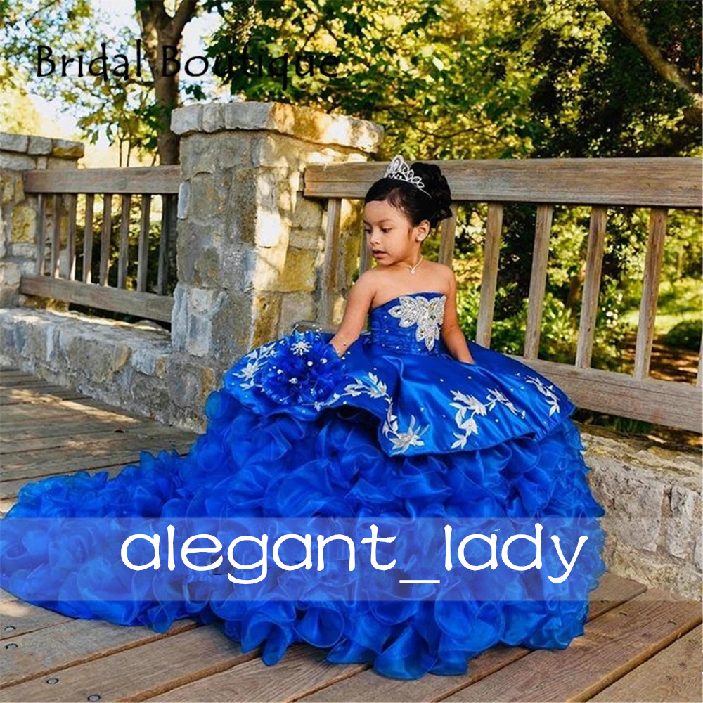 Royal Blue Cute Children mini quinceanera dresses Beauty Pageant Gowns Puffy Flowers Girl Birthday Dress Photography Mexican charro