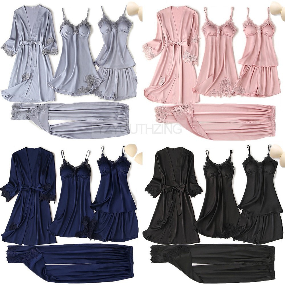 Women's Sleepwear Pajama Set Women Lace Trim Satin Sleepwear Pyjamas Pour Femme Summer Nightwear With Pants Casual Home Wear Kimono Robe Gown PJS