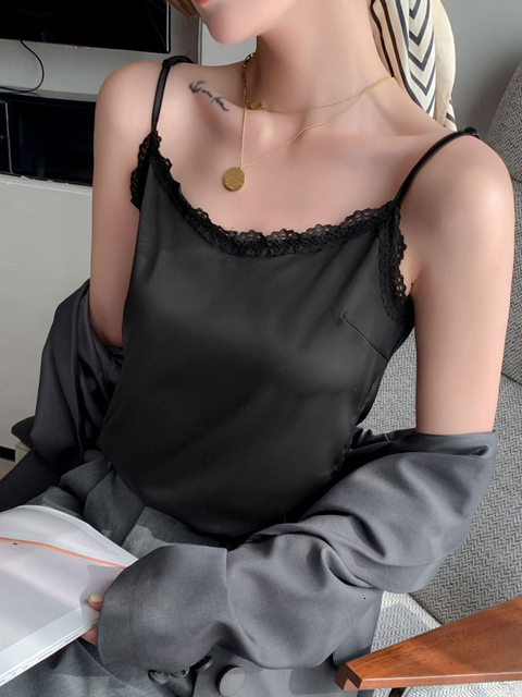 Camisoles Tanks Summer Satin Silk Women's Tank Tops Lace Sleeveless Camisole Halter Beautiful V Neck Green Basic Spaghetti Strap Top 230518