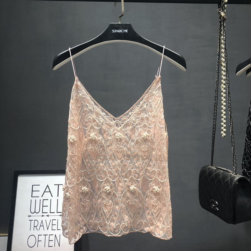 Camisoles Tanks Net Red Niche Sexy Sequined Camisole Outside Wearing Hollow Mesh Beaded Bottoming Shirt Women Sexy Women Clothing 230518