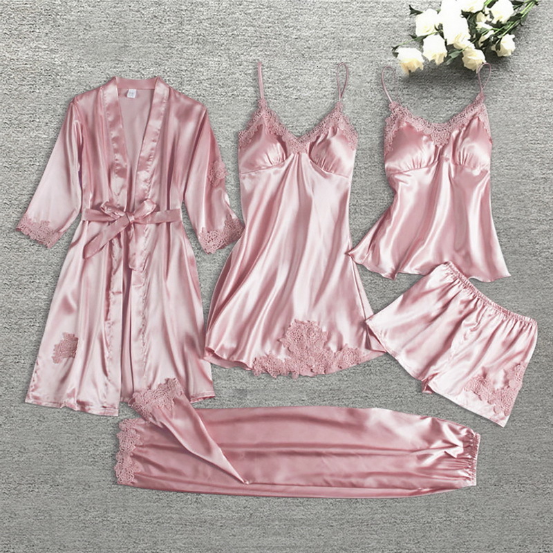 Women's Sleepwear Sexy Nightwear Five-piece Pajamas Sleep Tops Robe Sets Silk Pajamas Sleep Suit Womens Lace Satin Pajamas Pajama Suit 230517