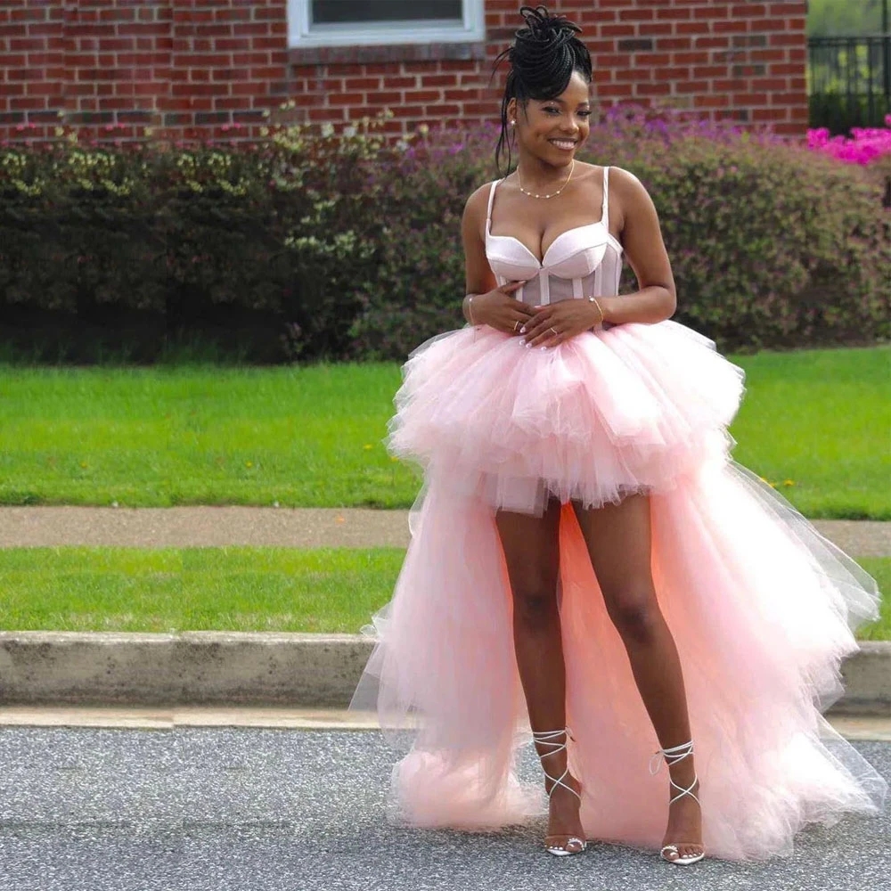 Pink High Low Spaghetti Strap Prom Dresses Ruffles Tiered Skirt Homecoming Party Gown Front Short Back Long Celebrity Vestidos
